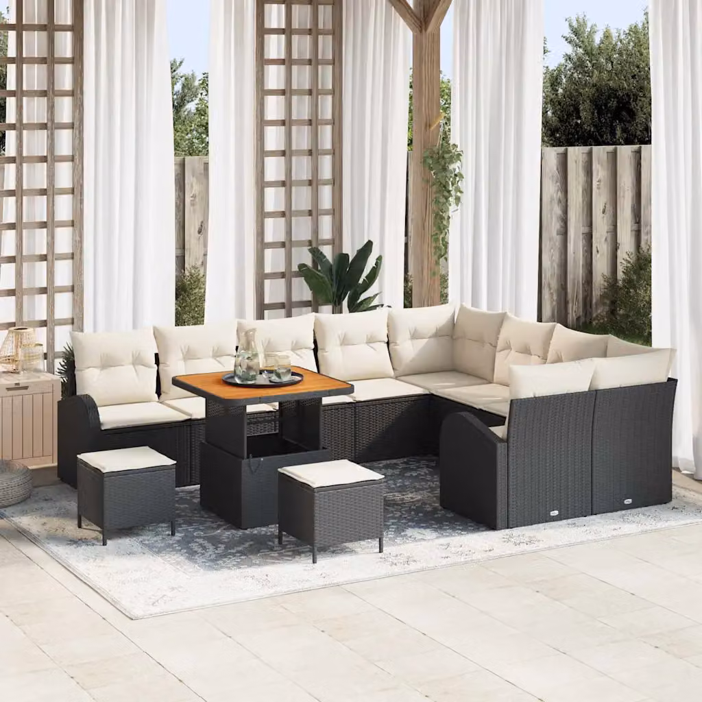 Set Divano da Giardino vidaXL 12 Pezzi in Polyrattan Nero con Cuscini e Tavolino da Esterno – 1