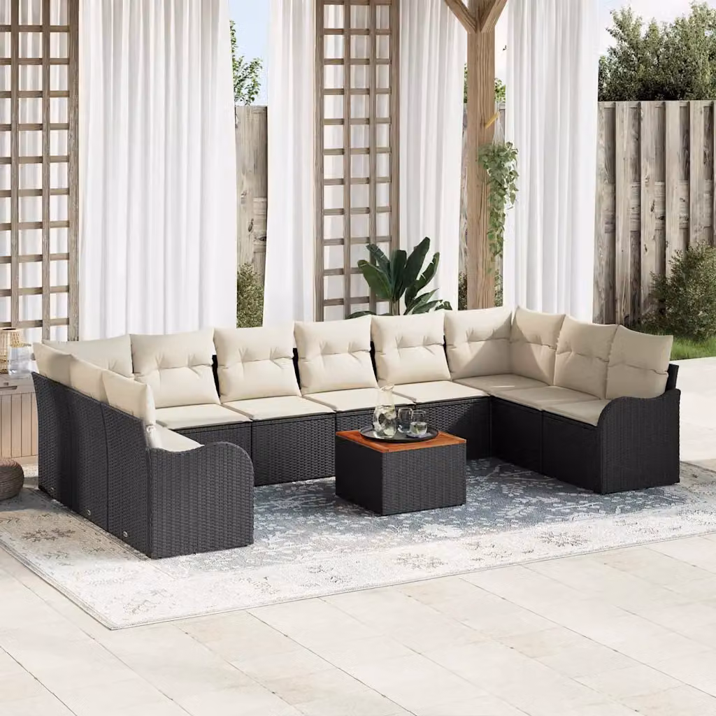 Set Divano da Giardino vidaXL 11 Pezzi a Forma di U con Cuscini Nero e Tavolino da Esterno in Polyrattan e Acciaio – 1