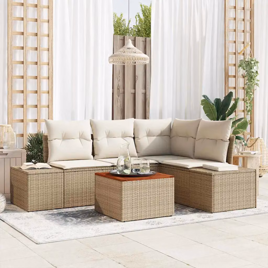 Set Divano da Giardino a L vidaXL 5 Pezzi Beige con Cuscini e Tavolino in Polyrattan e Acciaio