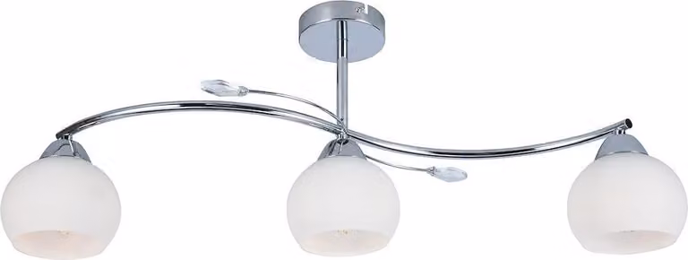 Lampada a soffitto cromata con tre paralumi in vetro, modello Connor, 3 attacchi E27, collezione Milagro