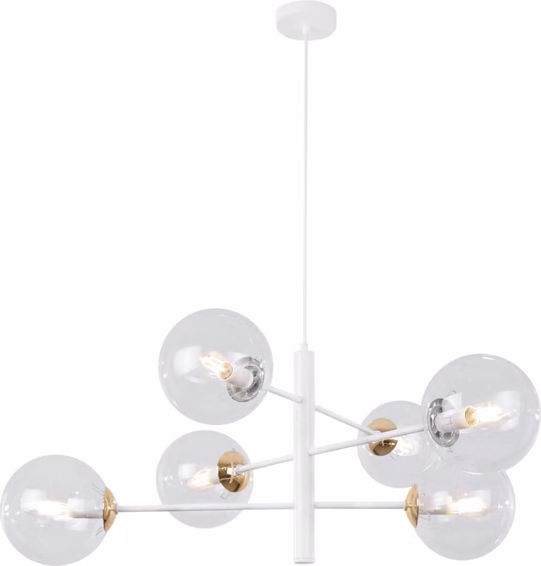 Lampada a sospensione Vicenza bianco-oro a 6 luci con paralumi trasparenti E14
