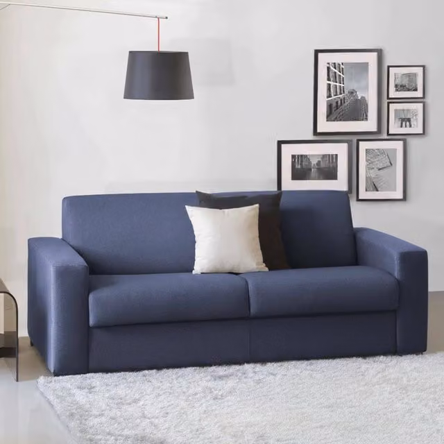 Divano Letto Zinnia Talamo Italia, Sofà 3 Posti con Apertura Girevole e Braccioli Slim, Rivestimento in Tessuto Blu, L: 200 cm, H: 90 cm, P: 95 cm