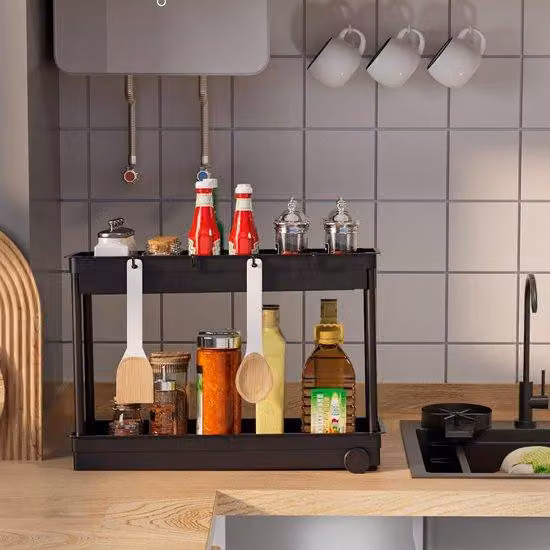 Organizer multifunzionale per la cucina, 2 ripiani, da lavello con 8 ganci, organizer per cucina e bagno, confezione da 2 pezzi, nero