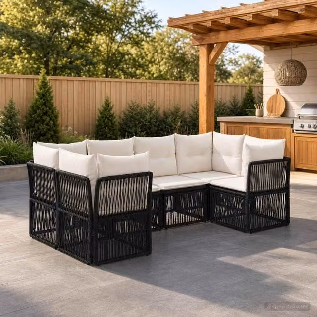 Set Divano da Giardino 6 pz 6-Numero di posti Nero polyrattan 3434332