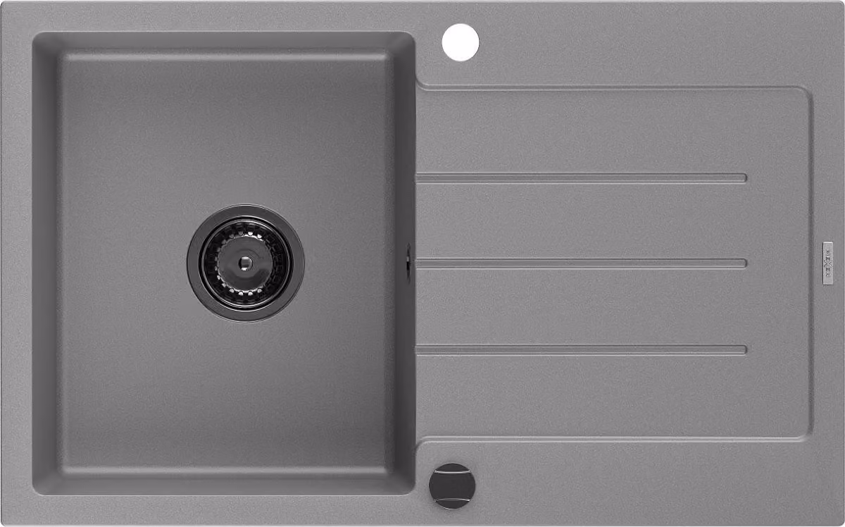 Mexen Bruno lavello in granito 1-vasca con sgocciolatoio 795 x 495 mm, grigio, sifone nero - 6513791010-71-B