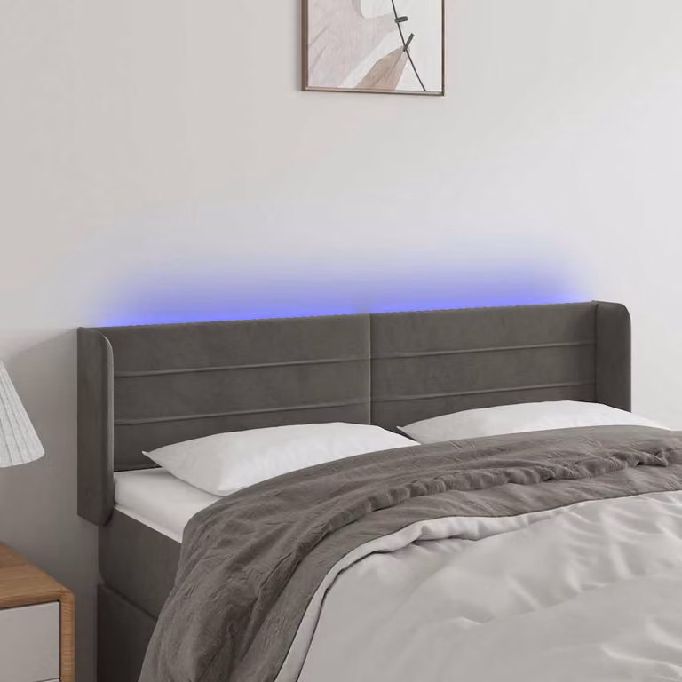Testiera per letto vidaXL in velluto grigio con illuminazione LED e porta di ricarica USB, L: 147 cm, P: 16 cm, H: 78/88 cm