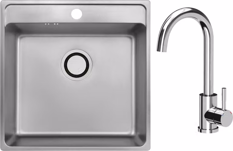 VBChome Lavello in acciaio inox con rubinetto 49 x 48 x 21 cm Inox Liscio Lavello da incasso in acciaio inox con foro per rubinetto Lavello da cucina Grande vasca Sifone Rubinetto cromato