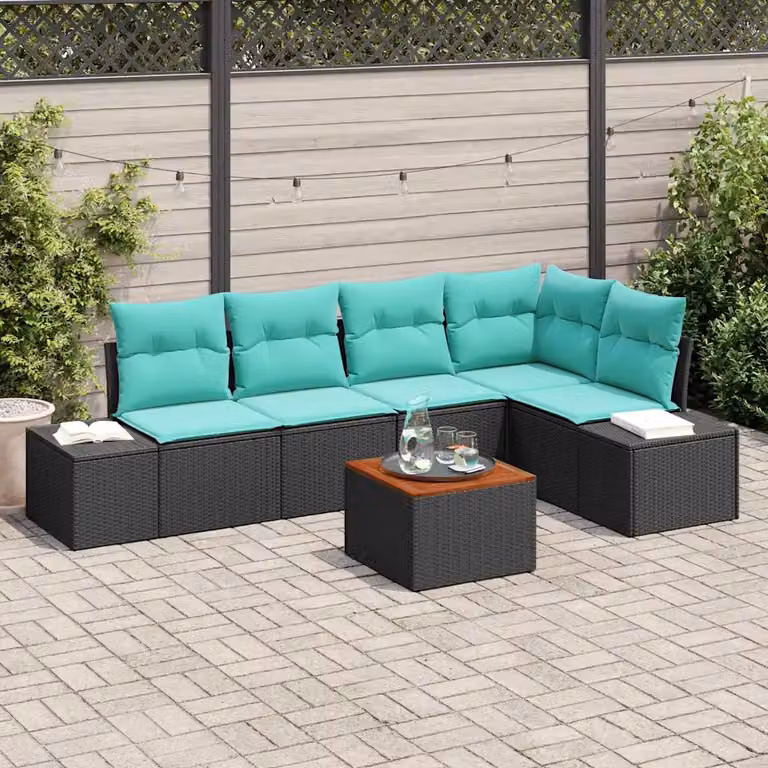 Set Divano da Giardino vidaXL 6 pz a L con Tavolino, Polyrattan Nero e Turchese con Cuscini Impermeabili