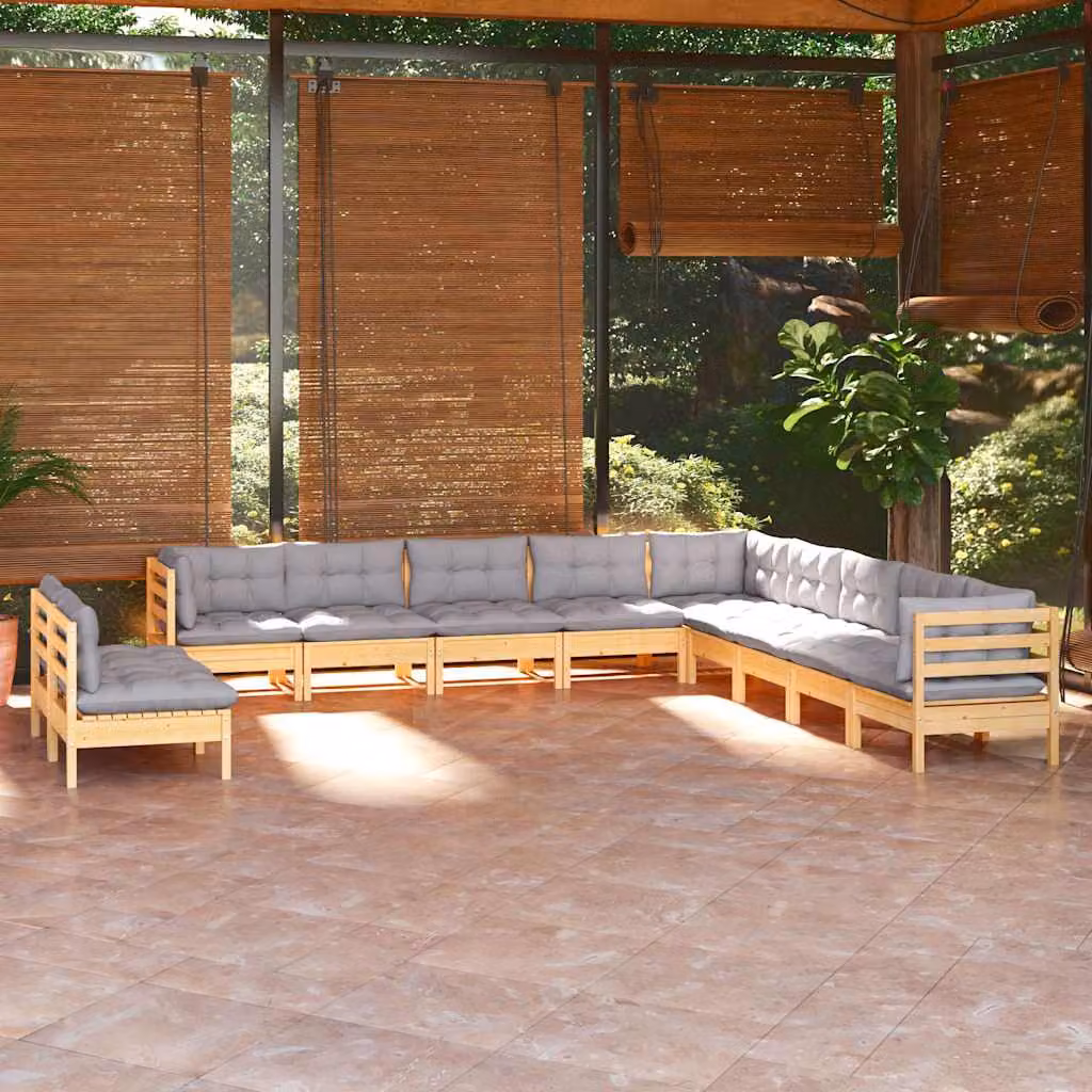 Set di divani da giardino vidaXL a forma di L composto da 11 pezzi in legno massello di pino con cuscini grigi
