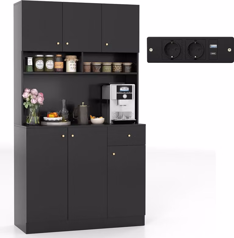 Armadio da cucina COSTWAY, credenza con prese elettriche e porte USB e Type C, armadio alto con ripiani, armadio contenitore, 100x40x181 cm, nero