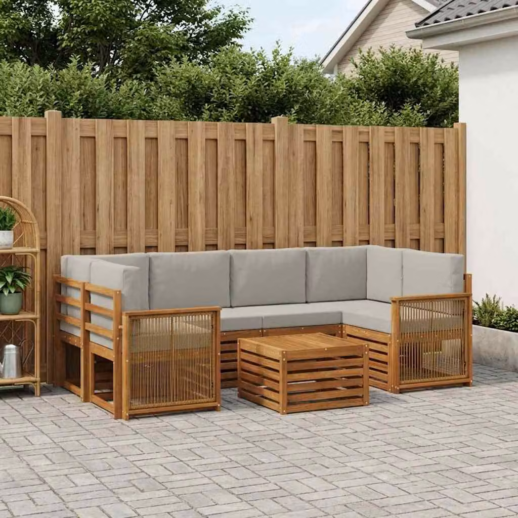 Set di divani da esterno vidaXL a forma di L in legno di acacia con tavolo da caffè, 7 pezzi, Beige, Grigio e Marrone