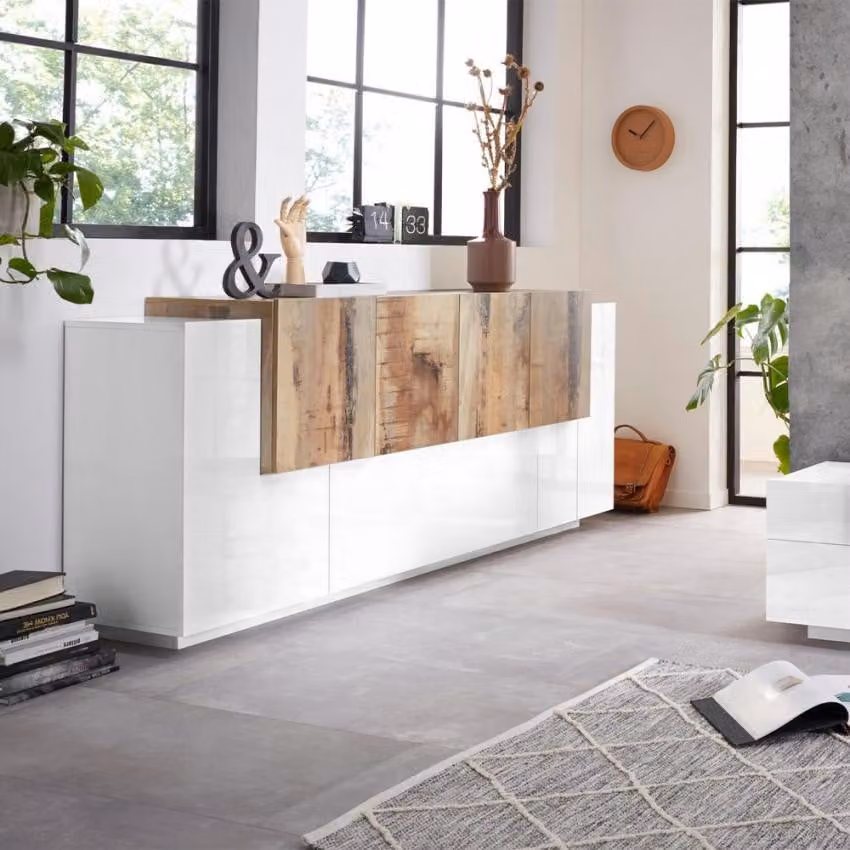 Credenza di design da 200 cm, bianca lucida, in legno, New Coro