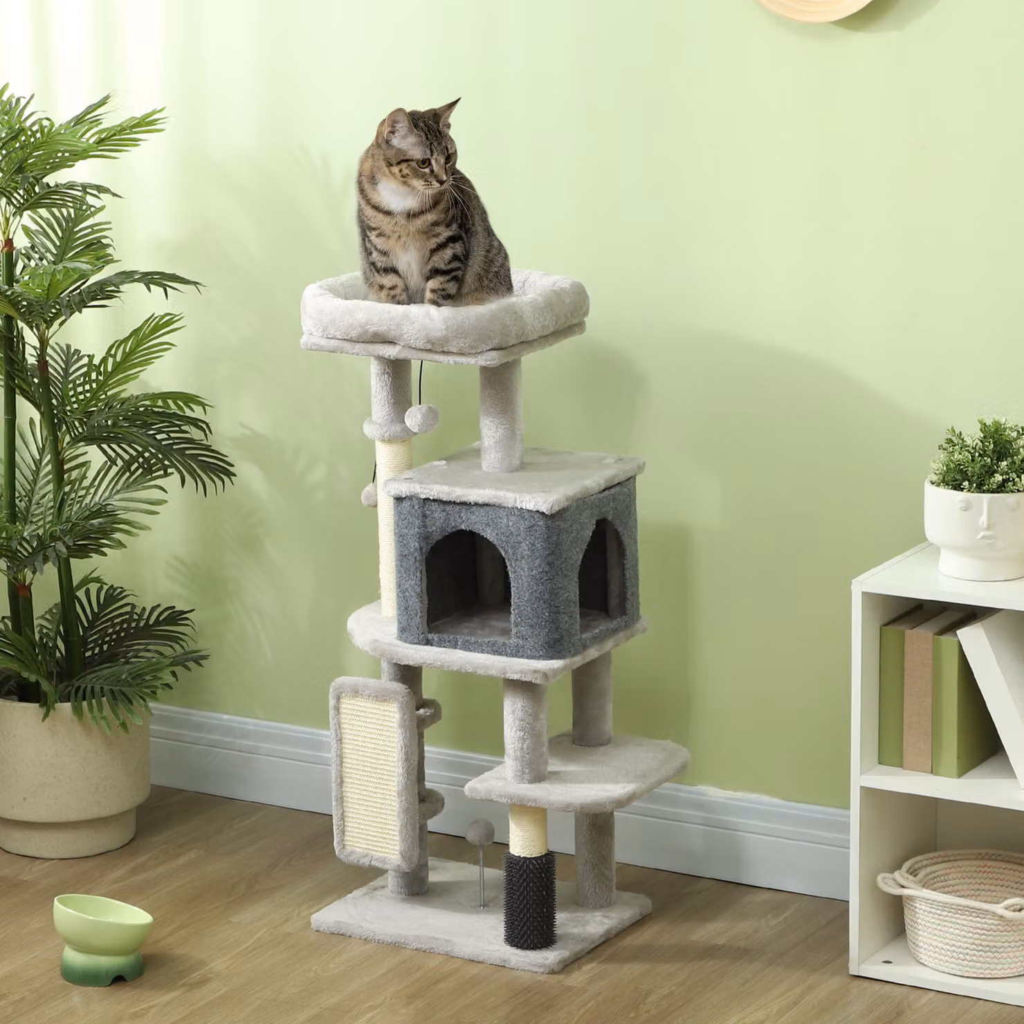 Albero per gatti multilivello PawHut con casetta, lettino, pali in sisal e giochi, Altezza: 104 cm, Grigio – 2
