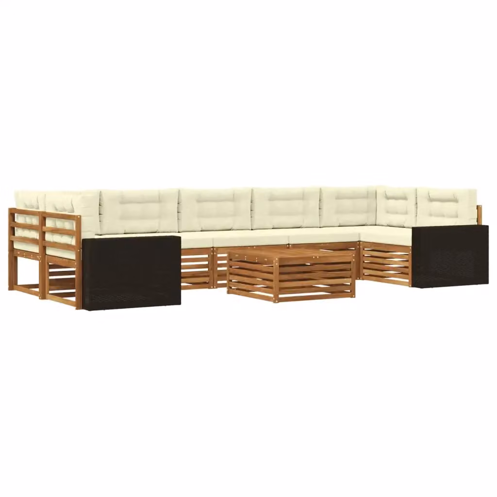 Set di divani da esterno a forma di U vidaXL in legno di acacia con cuscini beige e bianchi e tavolino da giardino – 2