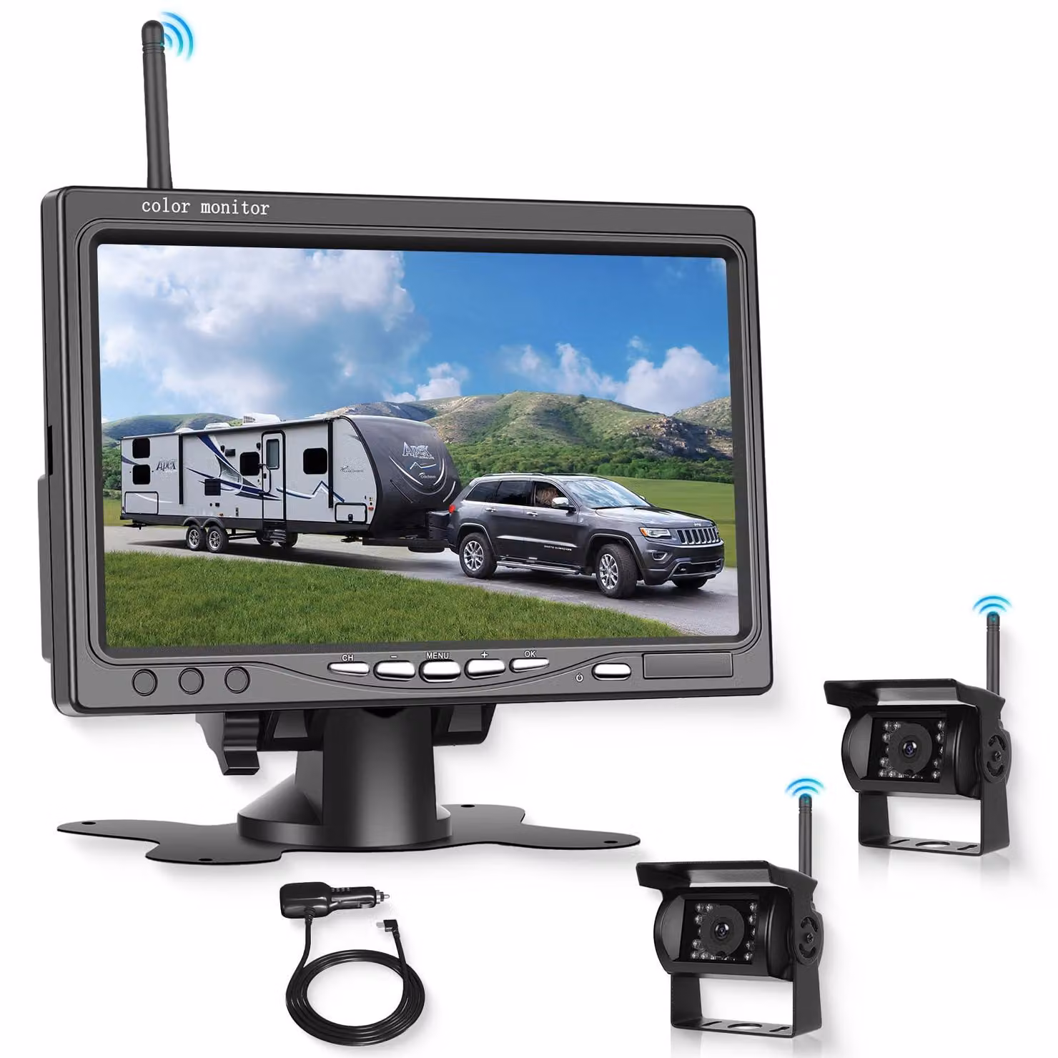 Kit telecamera di retromarcia wireless con monitor da 7 pollici, 2 telecamere, grado di impermeabilità IP68, visione notturna a infrarossi