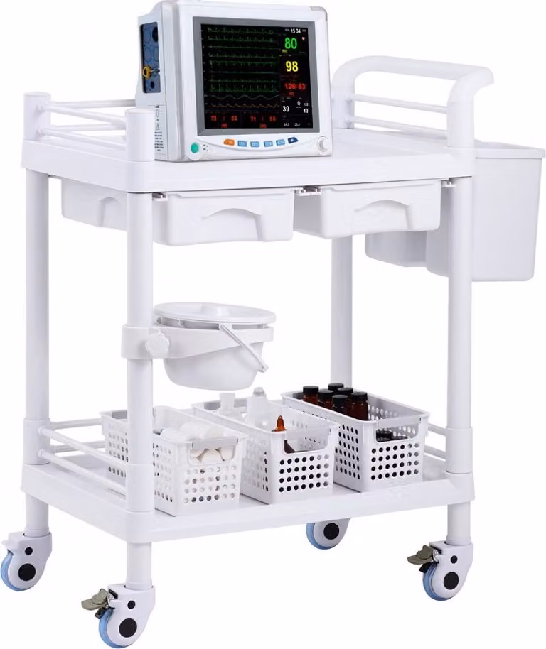 Carrello per laboratorio medico - 2 vassoi - 2 cassetti - 3 contenitori per rifiuti - Bianco - Mobile - Multifunzionale - Ideale per ambulatori e cliniche