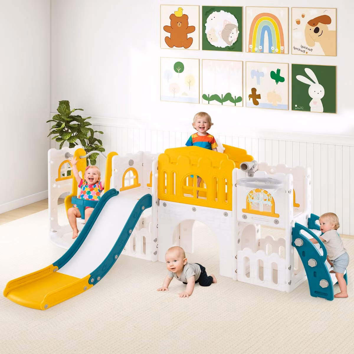 Set gioco 10 in 1 con altalena, scivolo e canestro da basket telescopico Costway per bambini da interno, Giallo