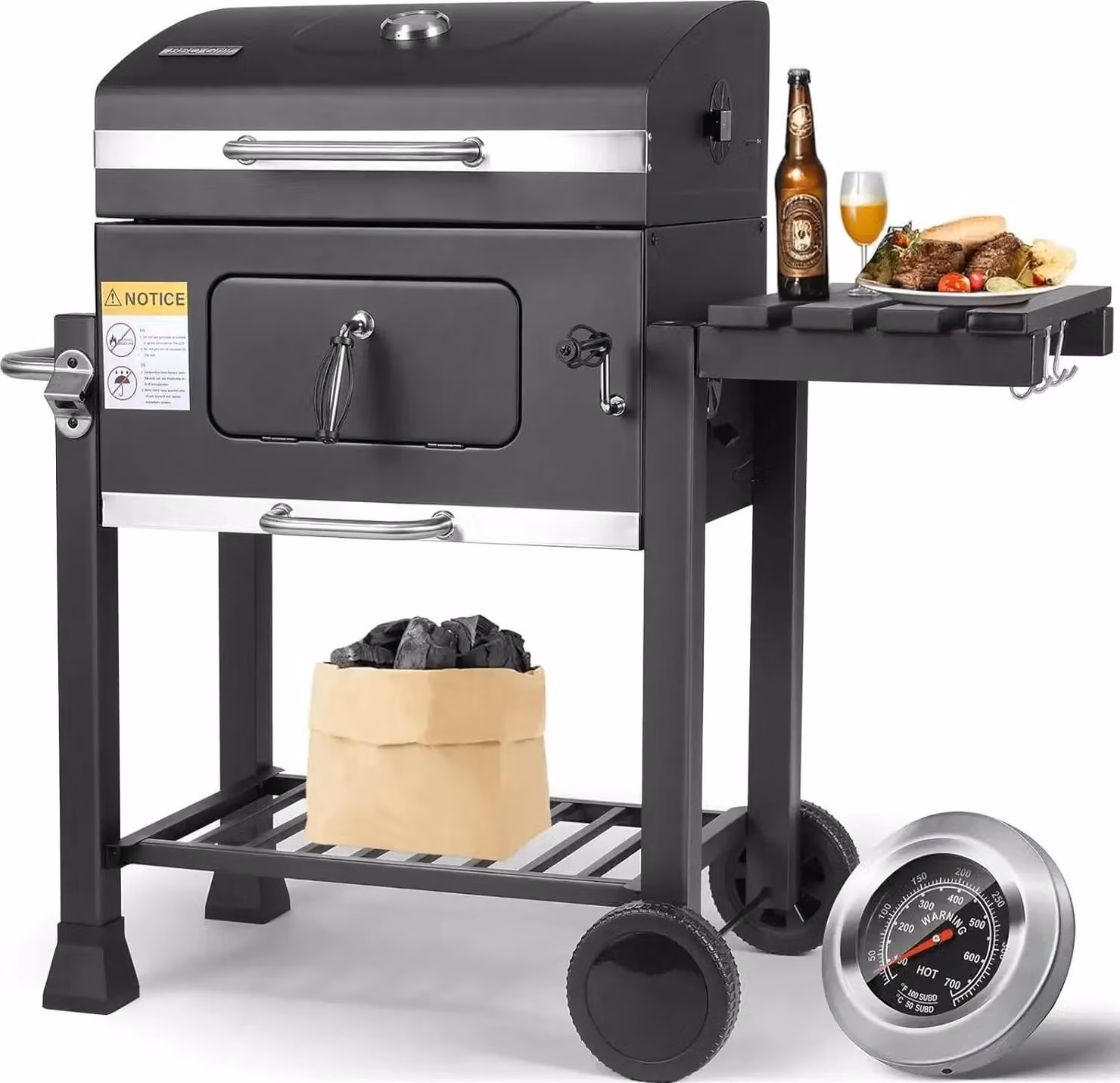 BBQ a carbonella - Carrello barbecue XXL - 116×55,7×100 cm - Acciaio verniciato a polvere - Tavolino pieghevole, maniglia - Nero