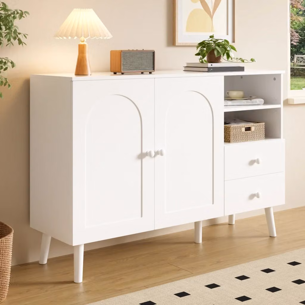Credenza moderna in MDF bianco con 2 ante, 2 cassetti e vani aperti per soggiorno e sala da pranzo, L: 118 cm, P: 35 cm, H: 82 cm – 2