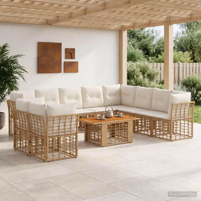Set Divano da Giardino vidaXL 11 pz in Polyrattan con Cuscini e Tavolino, Design Moderno a L, Colore Naturale e Bianco Crema
