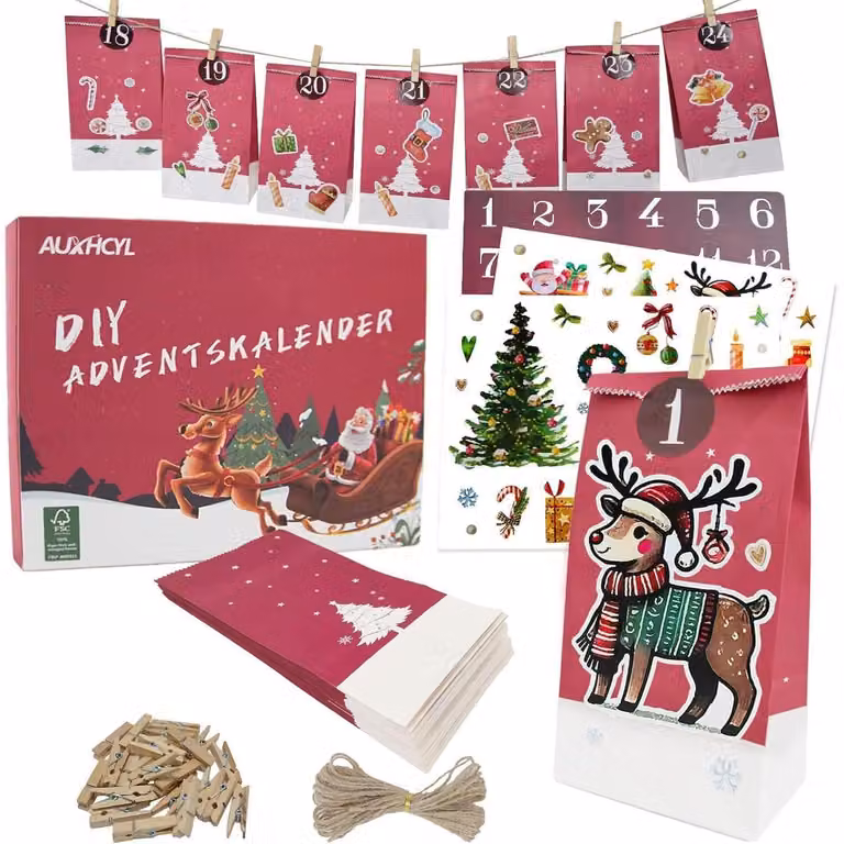 Calendario dell'Avvento da riempire, 24 sacchetti dell'Avvento fai-da-te per bambini, colore rosso, anno 2025