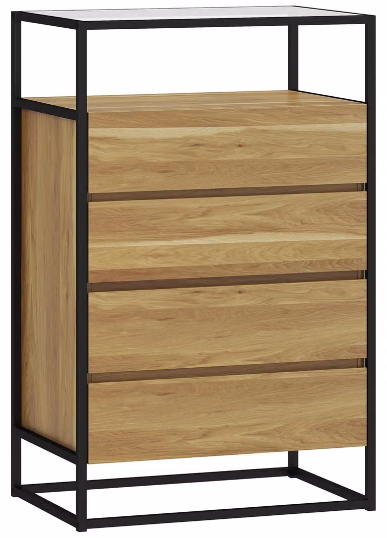 Cassettiera 60x40x94,5 cm con 4 cassetti e Ripiano aperto in MDF Acciaio e Vetro Color Legno