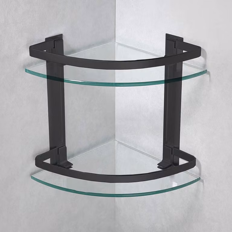 Mensola angolare in vetro temperato - alluminio nero - 2 ripiani - elegante