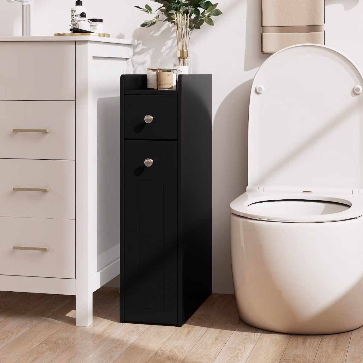 Armadietto da bagno stretto Costway nero con 4 ripiani e cassetti estraibili in MDF