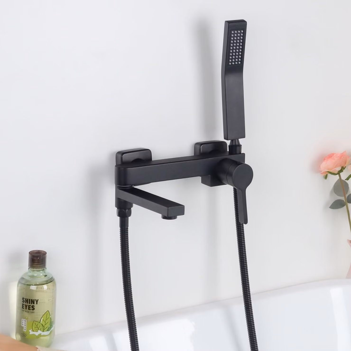 Doccia con soffione manuale, girevole a 90°, colore nero, acciaio inossidabile