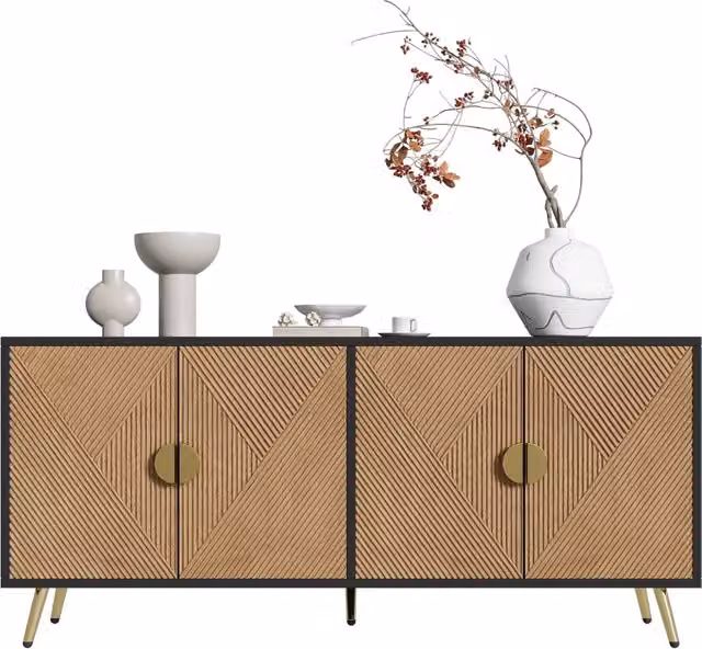 Sideboard 160 cm, 4 ante, maniglie dorate spazzolate e gambe tavolo lucide