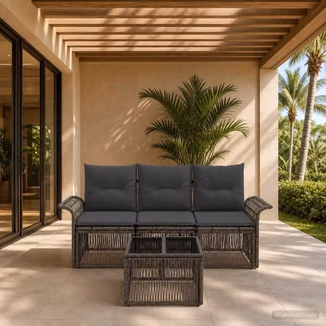 Set da giardino vidaXL composto da divano a 3 posti e tavolino da caffè in rattan grigio con struttura in acciaio e cuscini inclusi – 1