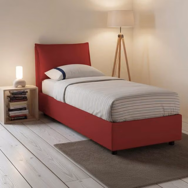 Letto singolo contenitore Arzon Talamo Italia con materasso incluso, rivestimento in tessuto rosso, L/P: 90 x 200 cm