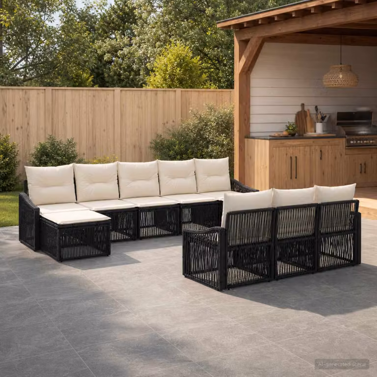 Set Divano da Giardino vidaXL 10 Pezzi a Forma di U in Polyrattan Nero con Cuscini e Ottoman