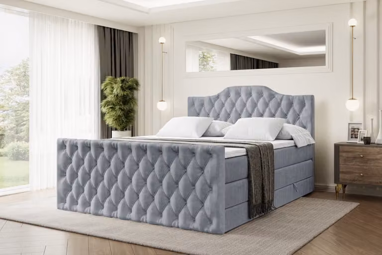 Letto boxspring ALTDECOR con pediera, 2 materassi e topper - 200x200 cm - VILA-1-Z KING - Velluto grigio - Letto imbottito con materassi H3 e H4, contenitore e rete a doghe, letto con spazio contenitivo