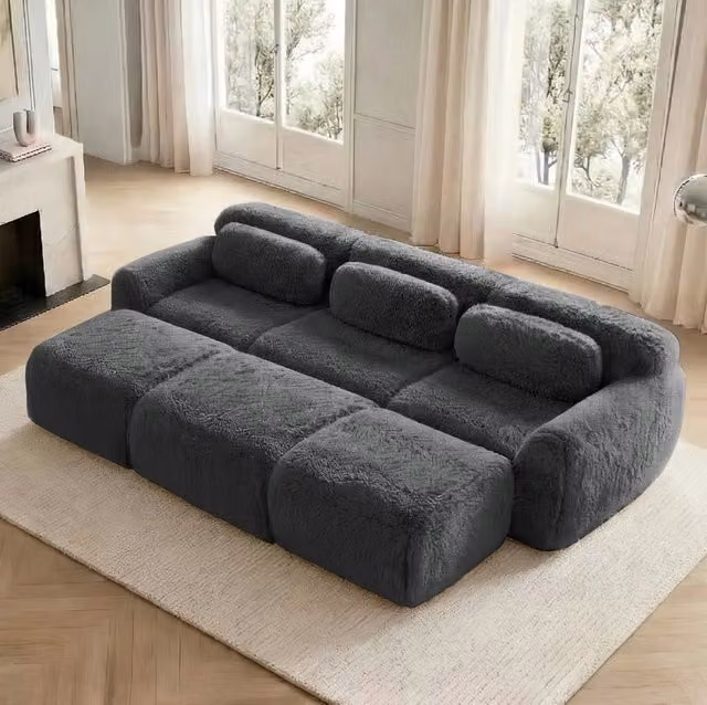 Divano modulare senza struttura con 3 ottomane in tessuto peluche grigio HOMVRA