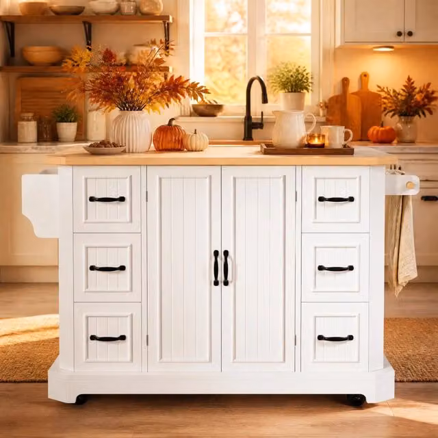 Isola cucina mobile con 2 ante e 6 cassetti, ruote con freno, MDF bianco/nero 120x45x91 cm