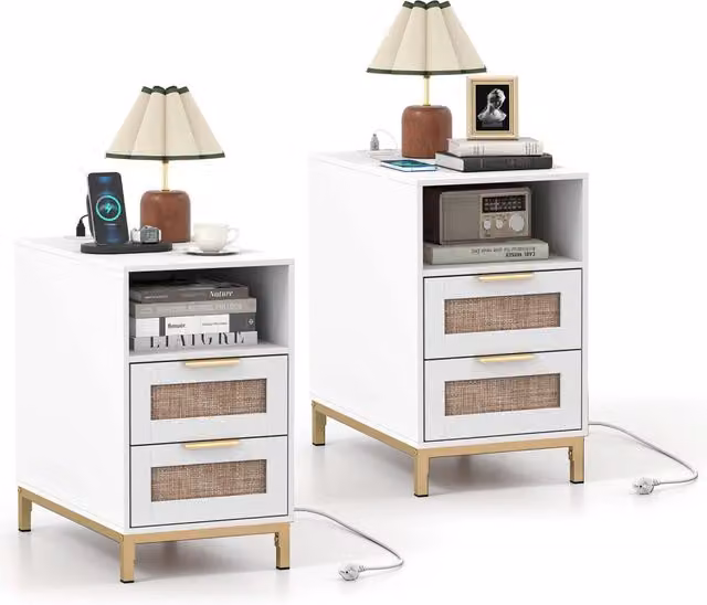 Set di 2 comodini rattan stazione ricarica tavolino letto boho, Comodino ripiano aperto 2 cassetti gambe metallo camera soggiorno ingresso Bianco