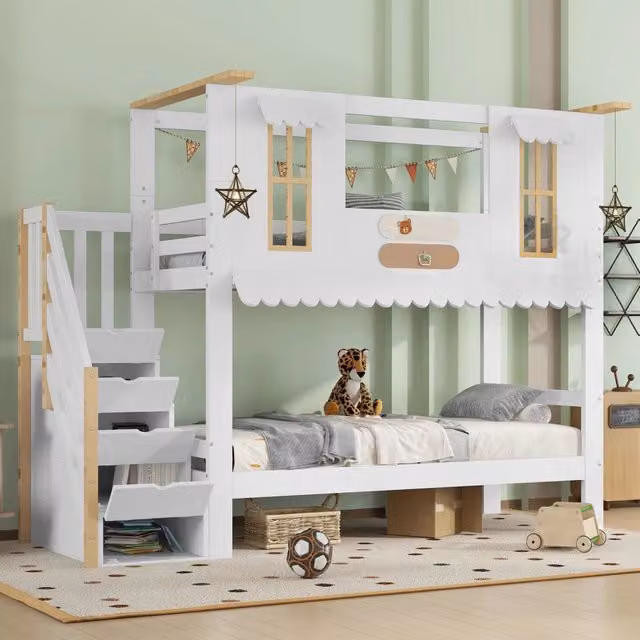 Letto a castello WISHDOR per bambini con scala contenitore e struttura a casetta, bianco e beige, L/P/H: 200 x 90 x 252,5 cm