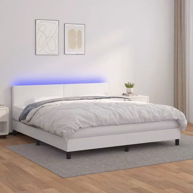 Letto Giroletto con Materasso Ibrido vidaXL in Similpelle Bianco con Illuminazione LED e Porte USB L/P/H: 160 x 200 x 88 cm