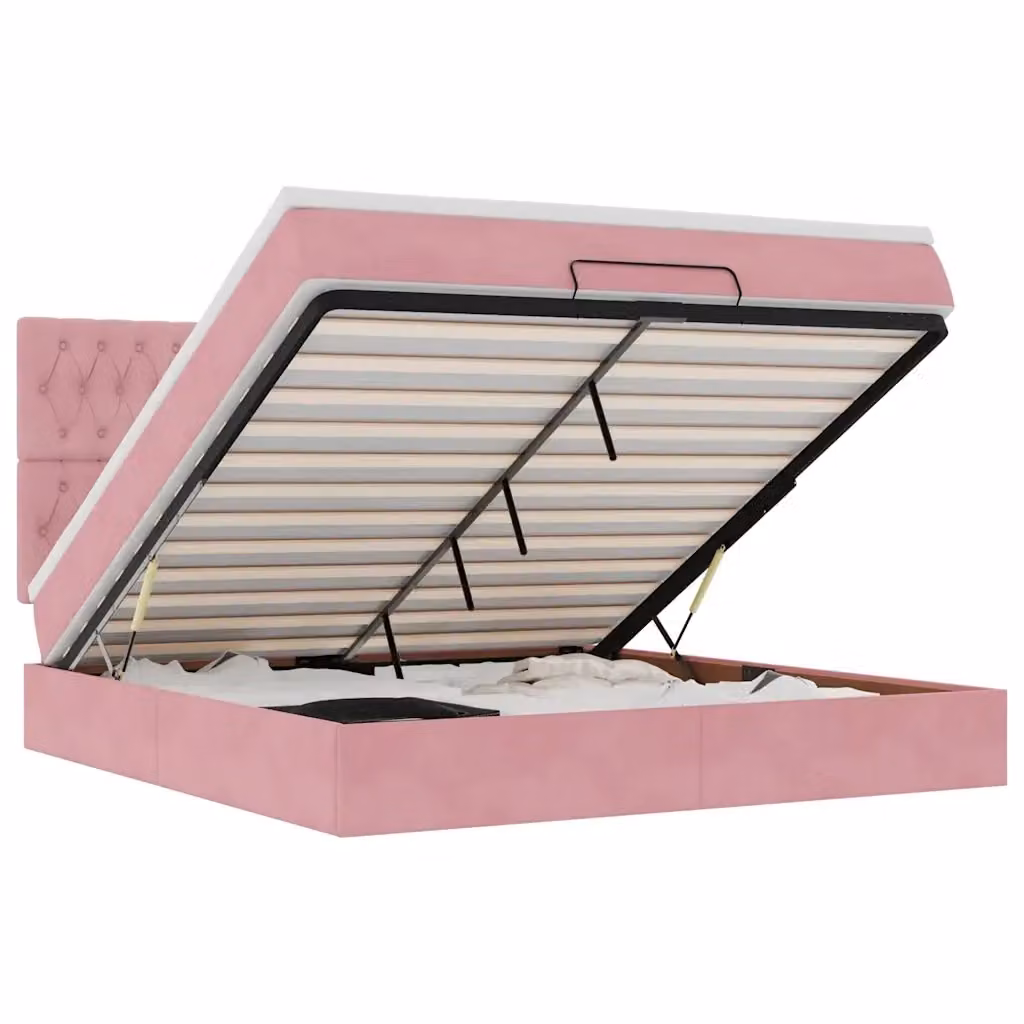 Letto con contenitore a sollevamento vidaXL in velluto rosa e bianco L: 180 cm, P: 200 cm, H: 128 cm – 2