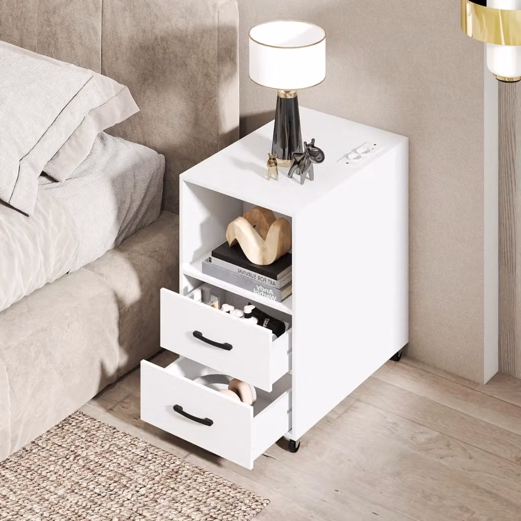 Comodino moderno bianco con 2 cassetti e ripiani per camera da letto o ufficio in MDF e metallo – 2