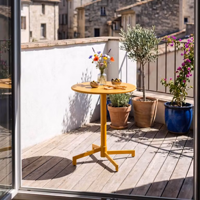 Tavolo da giardino bistrot rotondo con piano pieghevole giallo - Oviala Palavas