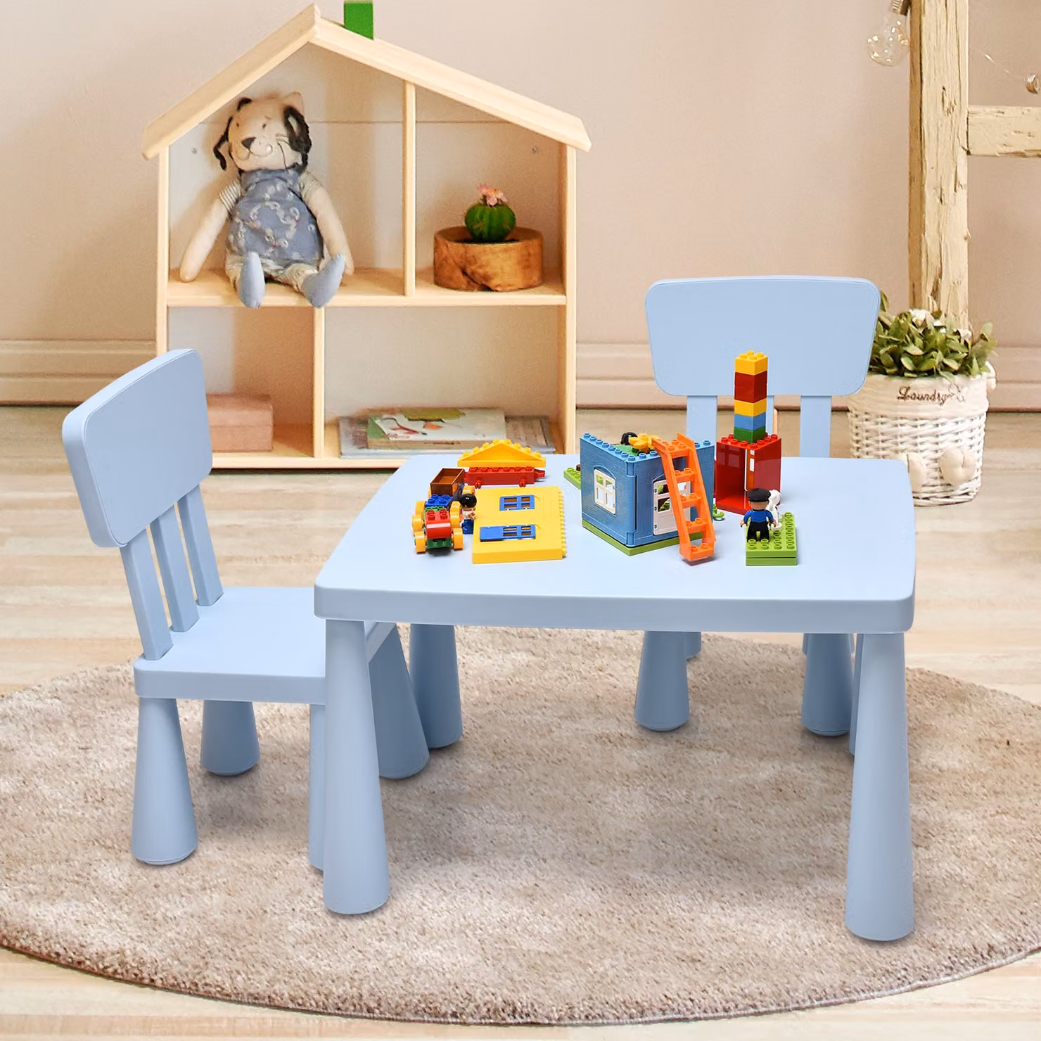 Set tavolo e 2 sedie per bambini Costway, colore azzurro, ideale per mangiare, disegnare e fare lavoretti