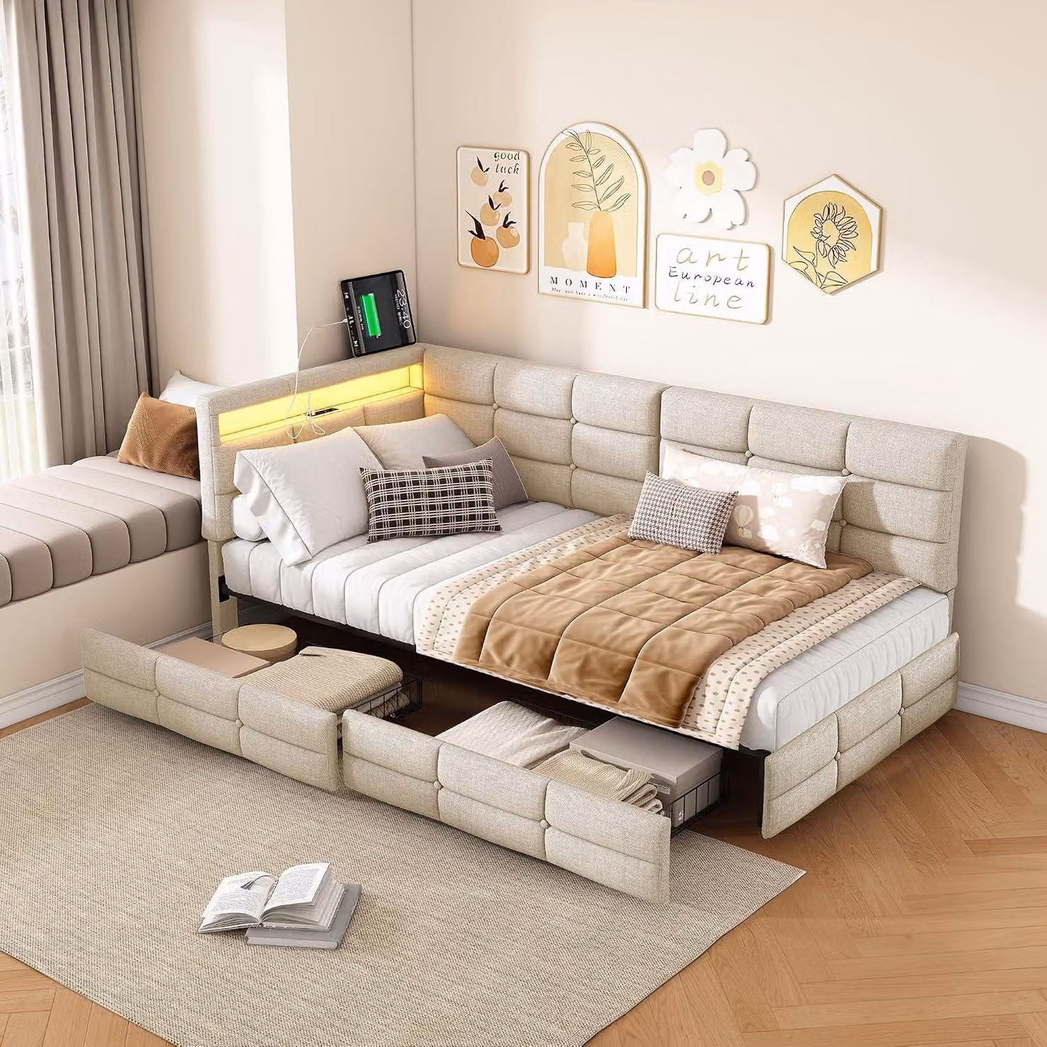 Letto imbottito trasformabile in divano 90x200 con LED e porta USB, letto a una piazza e mezza 90x200 con 2 cassetti per riporre oggetti, divano letto per bambini con rete a doghe, senza materasso, color beige