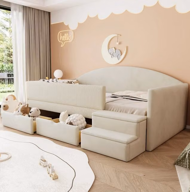 Letto imbottito multifunzionale 90x190 cm beige con due cassetti e protezioni laterali in tessuto vellutato