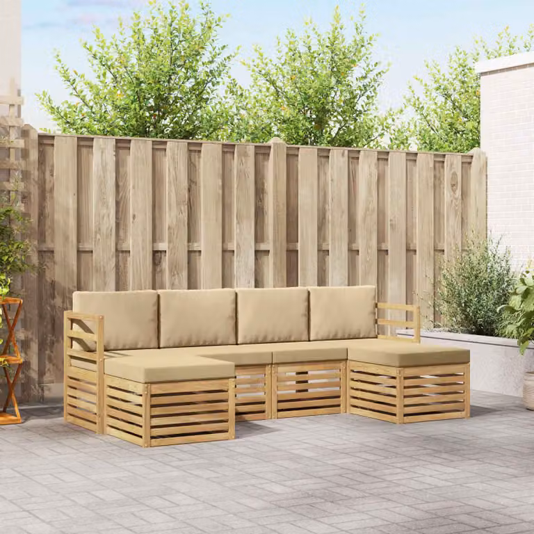 vidaXL Set di divani da esterno a L composto da 6 pezzi in legno di acacia marrone e beige con cuscini inclusi