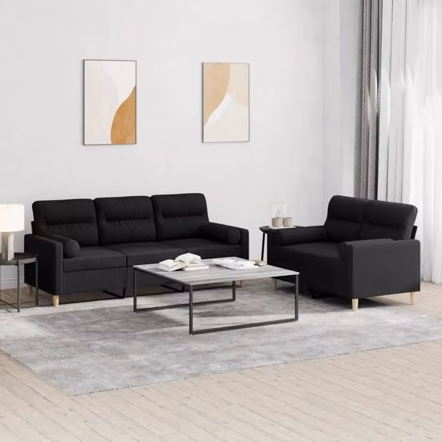 Set di 2 divani vidaXL in tessuto nero con cuscini per soggiorno in stile moderno – 1