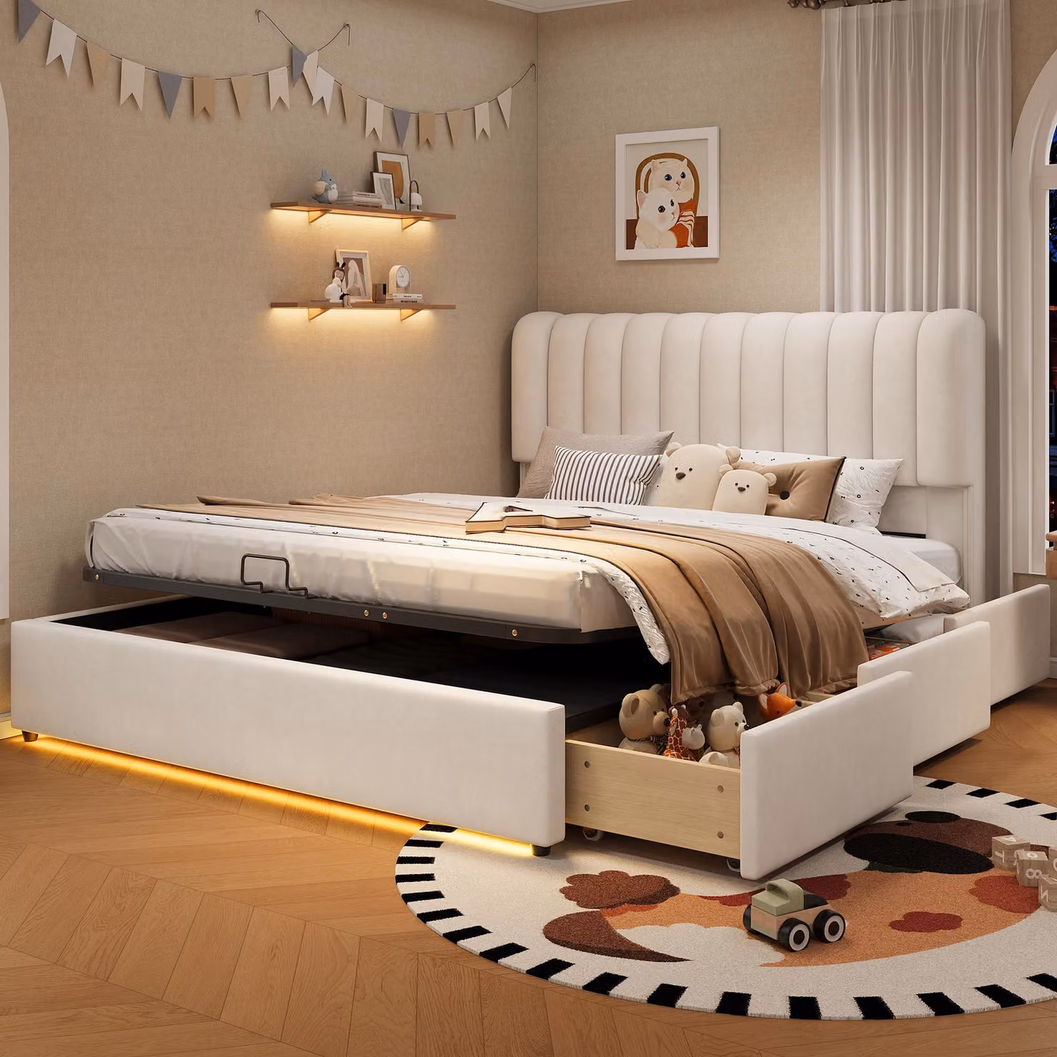 Letto imbottito Merax 140x200 con sistema di sollevamento a gas, letto per bambini con cassettone idraulico e 3 cassetti, letto contenitore con luce LED, rivestito in velluto, color beige