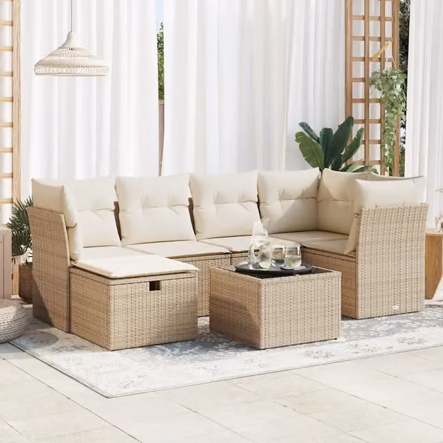 Set Divani da Giardino 7 pz con Cuscini Beige in Polyrattan 3325294
