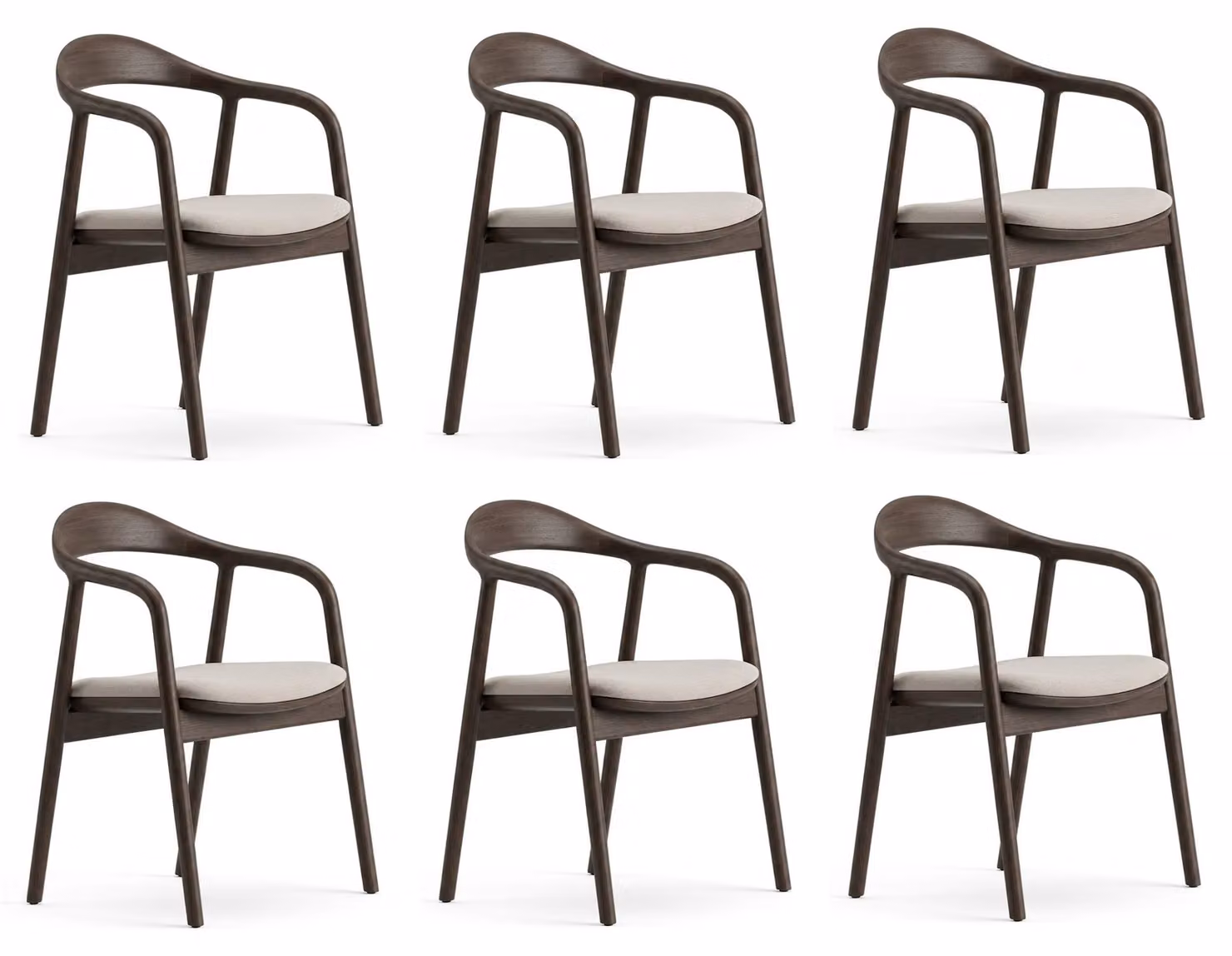 Set di 6 sedie marroni beige, con struttura in legno, design moderno, schienale e braccioli, tinta unita, confortevoli